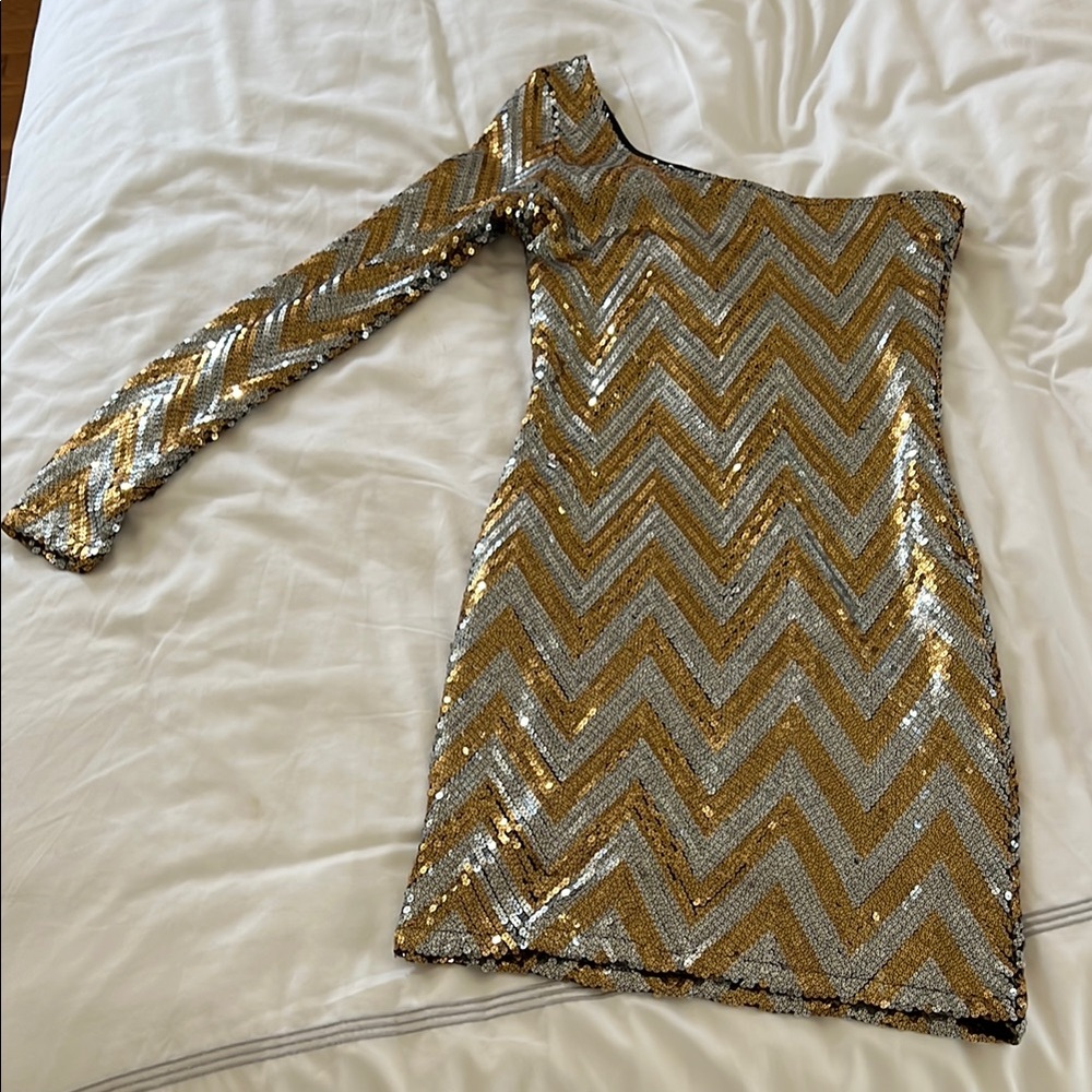 Lovers + Friends One-Shoulder Gold & Silver Chevron Sequin Mini